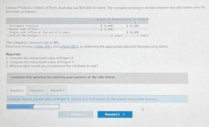 Labeau Products, Limited, of Perth, Australia, has $35,000 to invest. The company is trying to decide between two alternative uses for
the funds as follows:
Investment required.
Annual cash inflows
Single cash inflow at the end of 6 years
Life of the project
Invest in Project Invest in Project
Y
$ 35,000
Required:
1. Compute the net present value of Project X.
2. Compute the net present value of Project Y.
3. Which project would you recommend the company accept?
$ 35,000
$ 12,000
6 years
Required 1
The company's discount rate is 18%.
Click here to view Exhibit 128-1 and Exhibit 128-2, to determine the appropriate discount factor(s) using tables.
Complete this question by entering your answers in the tabs below.
$ 90,000
6 years
Required 1 Required 2 Required 3
Compute the net present value of Project X. (Round your final answer to the nearest whole dollar amount.)
Net present value
Required 2 >