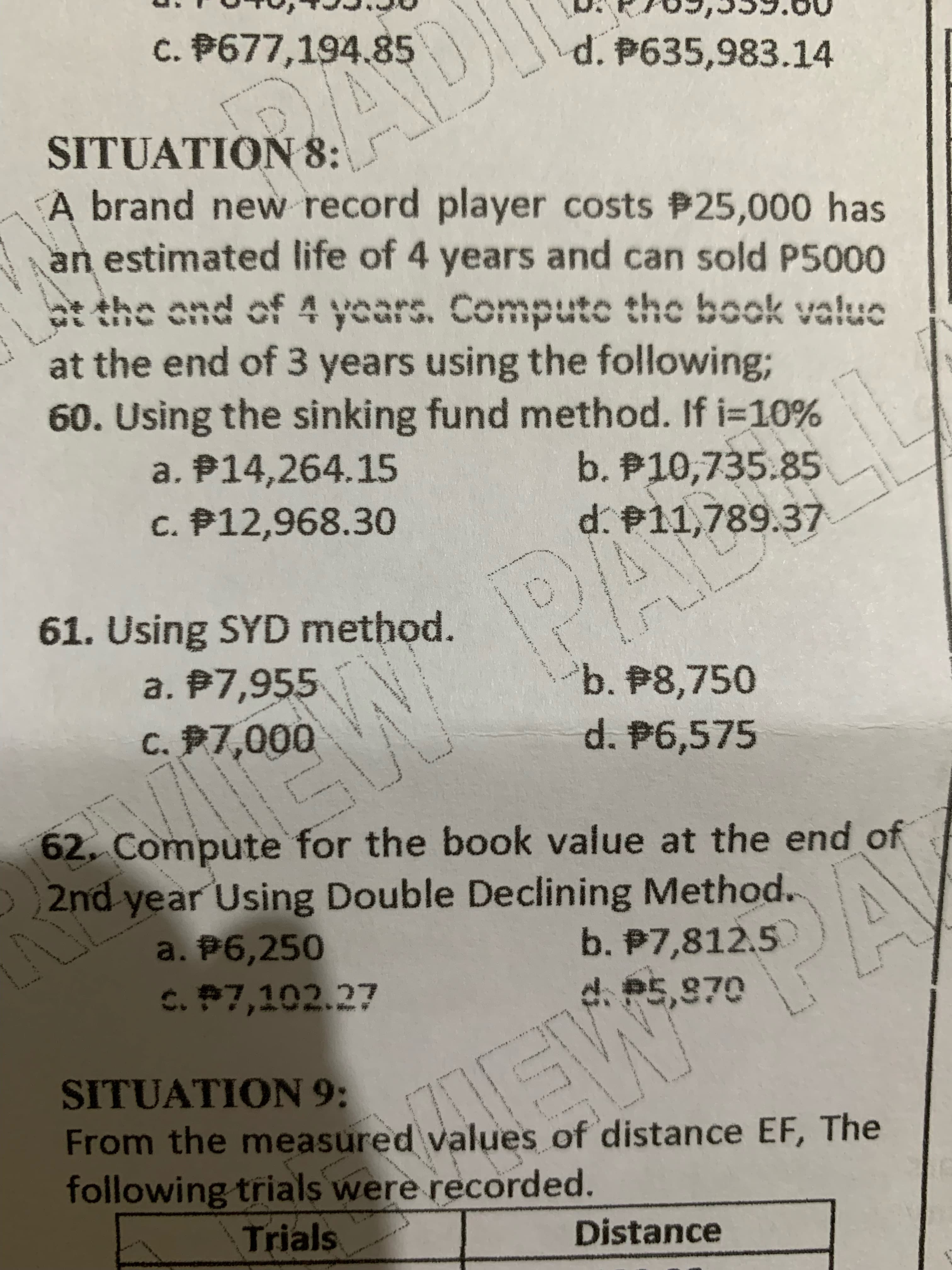 2.30
3 , st
AMUW
c. P677,194.85
d. P635,983.14
SITUATION 8:
A brand new record player costs #25,000 has
an estimated life of 4 years and can sold P5000
at the ond of 4 years. Compute the book valuc
at the end of 3 years using the following;
60. Using the sinking fund method. If i=10%
a. P14,264.15
c. P12,968.30
b.P10,735.85
d. P11,789.37
61. Using SYD method.
a. P7,955
b. P8,750
c. P7,000
d. P6,575
62. Compute for the book value at the end of
2nd year Using Double Declining Method.
b. P7,812.5
d. P5,870
PA
MEW
a. P6,250
c. P7,102.27
SITUATION 9:
From the measured values of distance EF, The
following trials were recorded.
Trials
Distance
