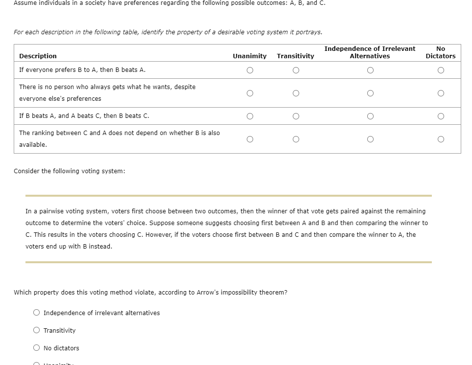 Assume individuals in a society have preferences regarding the following possible outcomes: A, B, and C.
For each description in the following table, identify the property of a desirable voting system it portrays.
Independence of Irrelevant
Alternatives
No
Dictators
Description
Unanimity
Transitivity
If everyone prefers B to A, then B beats A.
There is no person who always gets what he wants, despite
everyone else's preferences
If B beats A, and A beats C, then B beats C.
The ranking between C and A does not depend on whether B is also
available.
Consider the following voting system:
In a pairwise voting system, voters first choose between two outcomes, then the winner of that vote gets paired against the remaining
outcome to determine the voters' choice. Suppose someone suggests choosing first between A and B and then comparing the winner to
C. This results in the voters choosing C. However, if the voters choose first between B and C and then compare the winner to A, the
voters end up with B instead.
Which property does this voting method violate, according to Arrow's impossibility theorem?
O Independence of irrelevant alternatives
O Transitivity
O No dictators
