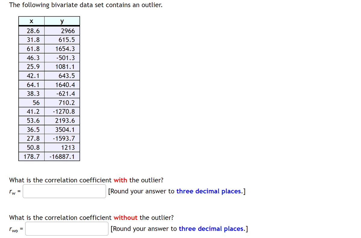 The following bivariate data set contains an outlier.
rw
What is the correlation coefficient with the outlier?
=
X
28.6
31.8
61.8
46.3
25.9
42.1
64.1
38.3
56
41.2
53.6
36.5
27.8
50.8
178.7
rwo
y
2966
615.5
1654.3
-501.3
1081.1
643.5
1640.4
-621.4
710.2
-1270.8
2193.6
3504.1
-1593.7
1213
-16887.1
=
What is the correlation coefficient without the outlier?
[Round your answer to three decimal places.]
[Round your answer to three decimal places.]