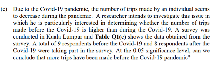 (c) Due to the Covid-19 pandemic, the number of trips made by an individual seems
to decrease during the pandemic. A researcher intends to investigate this issue in
which he is particularly interested in determining whether the number of trips
made before the Covid-19 is higher than during the Covid-19. A survey was
conducted in Kuala Lumpur and Table Q1(c) shows the data obtained from the
survey. A total of 9 respondents before the Covid-19 and 8 respondents after the
Covid-19 were taking part in the survey. At the 0.05 significance level, can we
conclude that more trips have been made before the Covid-19 pandemic?
