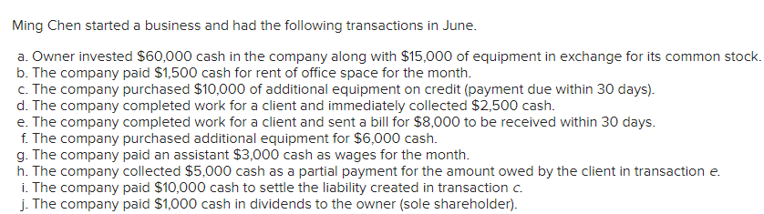 Ming Chen started a business and had the following transactions in June.
a. Owner invested $60,000 cash in the company along with $15,000 of equipment in exchange for its common stock.
b. The company paid $1,500 cash for rent of office space for the month.
c. The company purchased $10,000 of additional equipment on credit (payment due within 30 days).
d. The company completed work for a client and immediately collected $2,500 cash.
e. The company completed work for a client and sent a bill for $8,000 to be received within 30 days.
f. The company purchased additional equipment for $6,000 cash.
g. The company paid an assistant $3,000 cash as wages for the month.
h. The company collected $5,000 cash as a partial payment for the amount owed by the client in transaction e.
i. The company paid $10,000 cash to settle the liability created in transaction c.
j. The company paid $1,000 cash in dividends to the owner (sole shareholder).