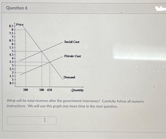 Question 6
8.5
8
75
7
65
6
55
45
4
3.5
3
25
2
15
1
0.5
Price
200
500 650
Social Cost
I
Private Cost
Demand
Quantity
What will be total revenue after the government intervenes? Carefully follow all numeric
instructions. We will use this graph one more time in the next question.