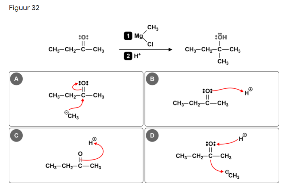 Figuur 32
CH3
1 Mg
:0:
:ÖH
`ci
CH3-CH2-C-CH3
CH3-CH,-C-CH3
(2 H*
CH3
A
B
:0:
:0:
II
CH3-CH2-C-CH3
CH3-CH,-C-CH3
©CH3
D
H
:0:
CH3-CH,-C-CH3
It
CH3-CH2-C-CH3
OCH3
