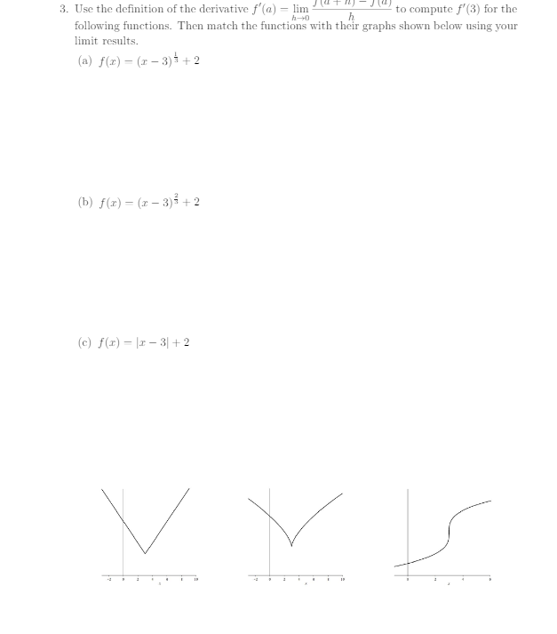 3. Use the definition of the derivative f'(a) = lim
04-4
h
to compute f'(3) for the
following functions. Then match the functions with their graphs shown below using your
limit results.
(a) f(x) (x-3)+2
(b) f(x)=(x-3)+2
(c) f(x) = |x −3+2