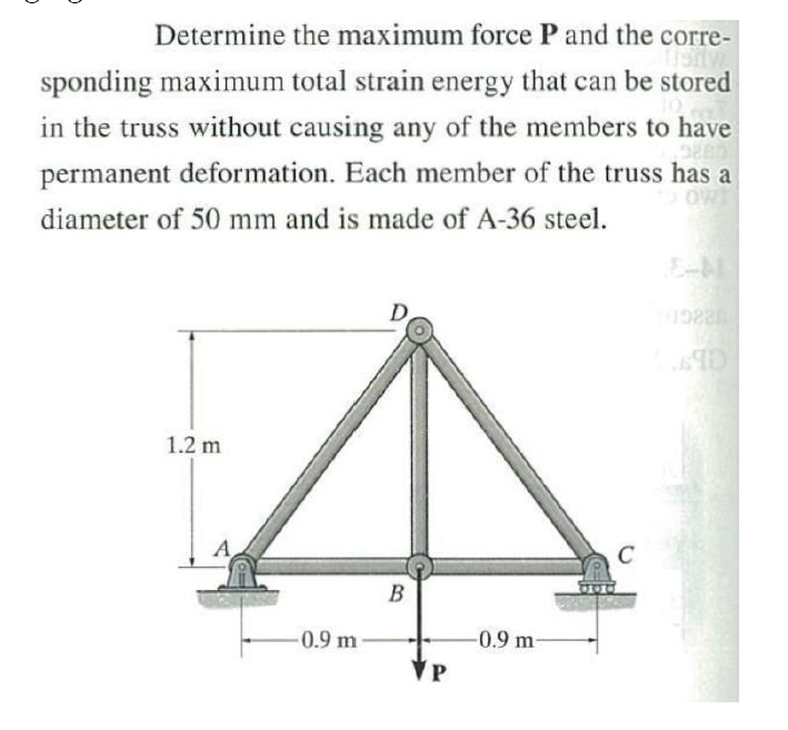 Determine the maximum force P and the corre-
sponding maximum total strain energy that can be stored
in the truss without causing any of the members to have
permanent deformation. Each member of the truss has a
OW
diameter of 50 mm and is made of A-36 steel.
E-N
1.2 m
A
B
-0.9 m
-0.9 m-
VP
