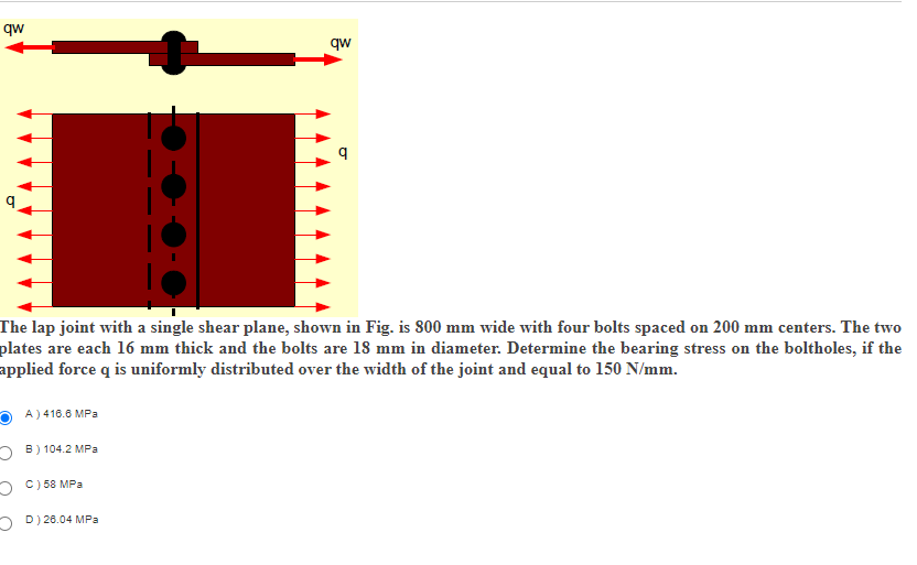 qw
qw
The lap joint with a single shear plane, shown in Fig. is 800 mm wide with four bolts spaced on 200 mm centers. The two
plates are each 16 mm thick and the bolts are 18 mm in diameter. Determine the bearing stress on the boltholes, if the
applied force q is uniformly distributed over the width of the joint and equal to 150 N/mm.
O A) 416.6 MPa
2 B) 104.2 MPa
C) 58 MPa
2 D) 28.04 MPa
