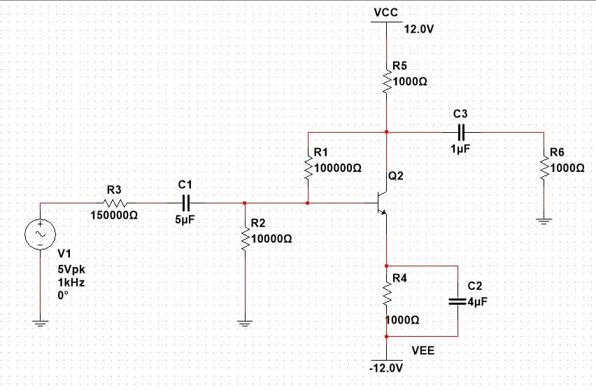 12.0V
R5
10000
C3
R1
1µF
R6
1000000
10000
Q2
Č1
R3
1500000
5µF
R2
100002
V1
5Vpk
1kHz
0°
R4
C2
:4pF
10000
VEE
-12.0V
