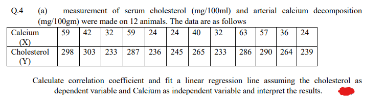 Q.4
(a)
measurement of serum cholesterol (mg/100ml) and arterial calcium decomposition
(mg/100gm) were made on 12 animals. The data are as follows
Calcium
59 42
32
59
24
24
40
32
63
| 57 36 24
(X)
Cholesterol
298 303 233 287 236 245 265 233
286 290 264 239
(Y)
Calculate correlation coefficient and fit a linear regression line assuming the cholesterol as
dependent variable and Calcium as independent variable and interpret the results.
