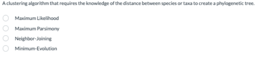 A clustering algorithm that requires the knowledge of the distance between species or taxa to create a phylogenetic tree.
Maximum Likelihood
Maximum Parsimony
Neighbor-Joining
Minimum-Evolution