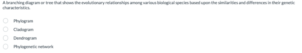 A branching diagram or tree that shows the evolutionary relationships among various biological species based upon the similarities and differences in their genetic
characteristics.
Phylogram
Cladogram
Dendrogram
Phylogenetic network