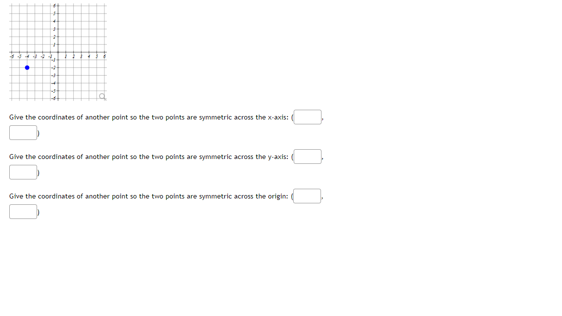 1.
Give the coordinates of another point so the two points are symmetric across the x-axis:
Give the coordinates of another point so the two points are symmetric across the y-axis:
Give the coordinates of another point so the two points are symmetric across the origin:
