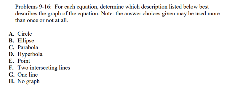 Problems 9-16: For each equation, determine which description listed below best
describes the graph of the equation. Note: the answer choices given may be used more
than once or not at all.
A. Circle
В. Ellipse
C. Parabola
D. Hyperbola
E. Point
F. Two intersecting lines
G. One line
H. No graph
