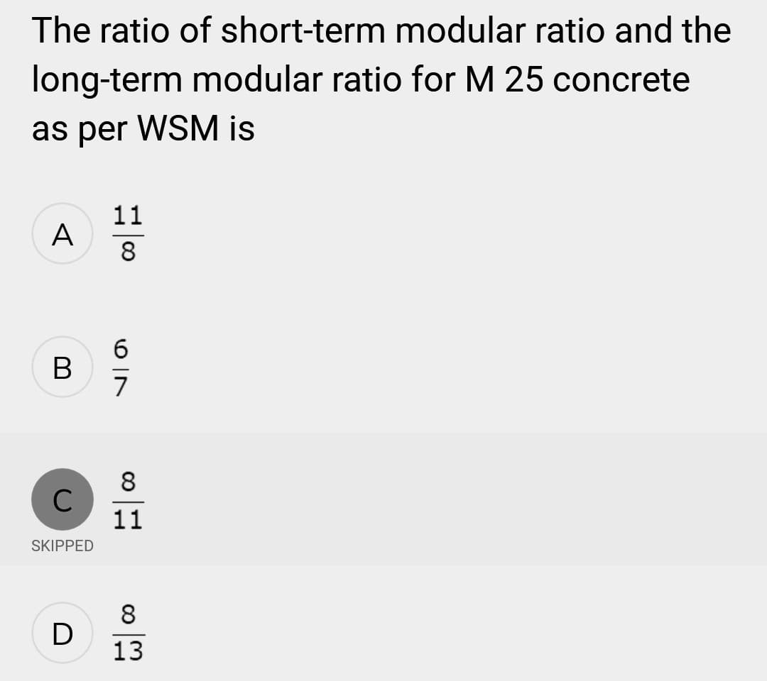 The ratio of short-term modular ratio and the
long-term modular ratio for M 25 concrete
as per WSM is
A
B
C
SKIPPED
D
11
8
69
7
8
11
8
13