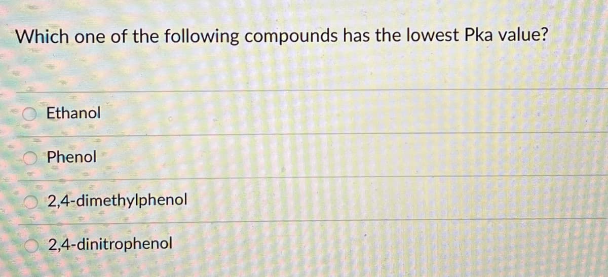 Which one of the following compounds has the lowest Pka value?
Ethanol
Phenol
2,4-dimethylphenol
2,4-dinitrophenol