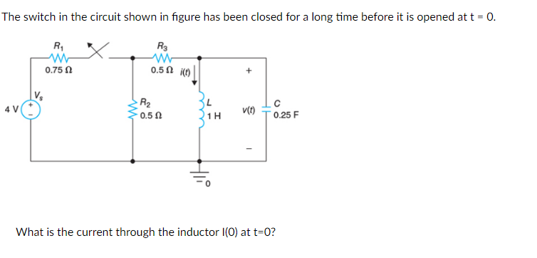 The switch in the circuit shown in figure has been closed for a long time before it is opened at t = 0.
R3
0.52 i(t)
4 V
Vs
R₁
0.75 Ω
R₂
0.50
1 H
Hii
v(t)
0.25 F
What is the current through the inductor I(0) at t=0?