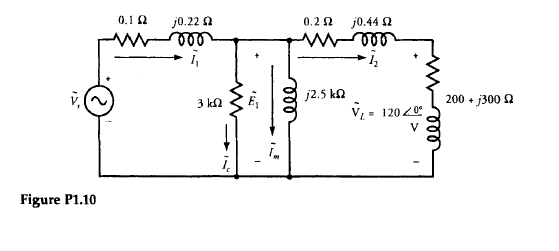 Figure P1.10
0.192
j0.22 0
ooo
1
3 ΙΩ
www
į
12
ele
0.2 Ω
j2.5 kΩ
j0.44 Ω
000
Vy = 120 € 0
V
200 + j300 £2