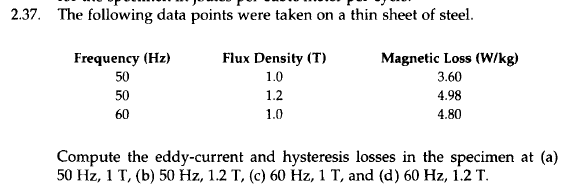 2.37. The following data points were taken on a thin sheet of steel.
Magnetic Loss (W/kg)
3.60
4.98
4.80
Frequency (Hz)
50
50
60
Flux Density (T)
1.0
1.2
1.0
Compute the eddy-current and hysteresis losses in the specimen at (a)
50 Hz, 1 T, (b) 50 Hz, 1.2 T, (c) 60 Hz, 1 T, and (d) 60 Hz, 1.2 T.