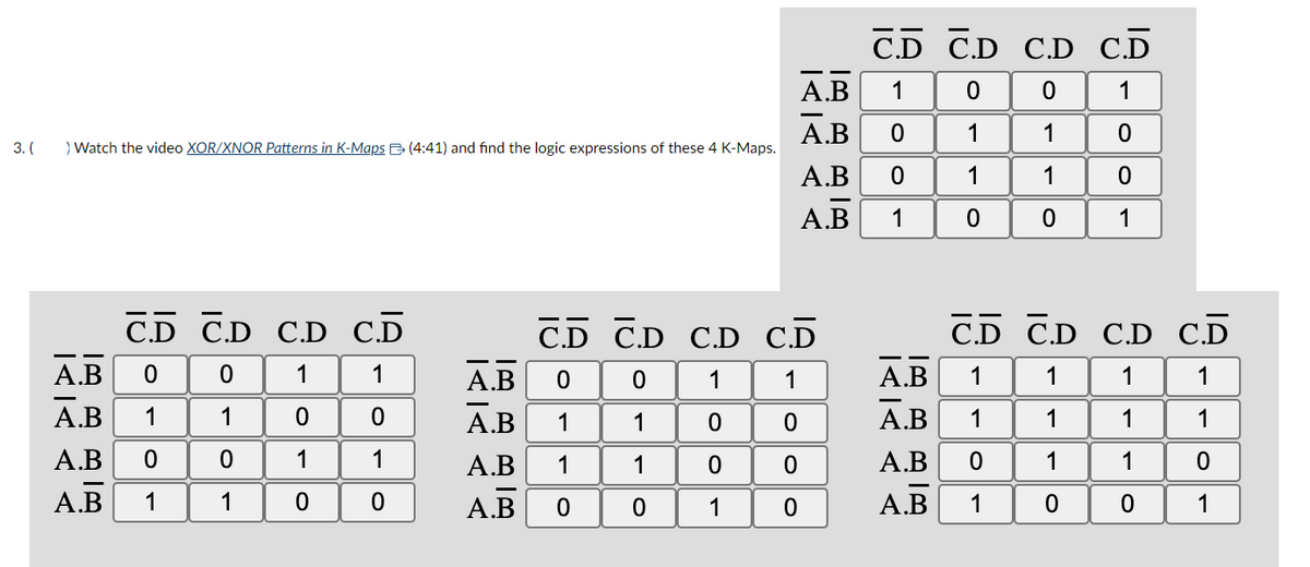 3. ( >Watch the video XOR/XNOR Patterns in K-Maps (4:41) and find the logic expressions of these 4 K-Maps.
C.D CD C.D C.D
1
0
1
0
A.B 0 0 1
1
A.B 1
0
A.B 0
0
1
A.B
1
1
0
CD CD CD
0
1
1
0
1 0
1
A.B 0
A.B 1
A.B
1
A.B
O
O
OO
C.D
1
A.B
A.B
0
A.B
А.В
0
O
CD CD CD CD
1
0
0
1
0
1
0
0
1
1
O
C.D
A.B 1
A.B 1
A.B 0
A.B
1
1
1
0
O
1
C.D C.D C.D
1
1
1
1
1
1
1
1
0
0
0
1