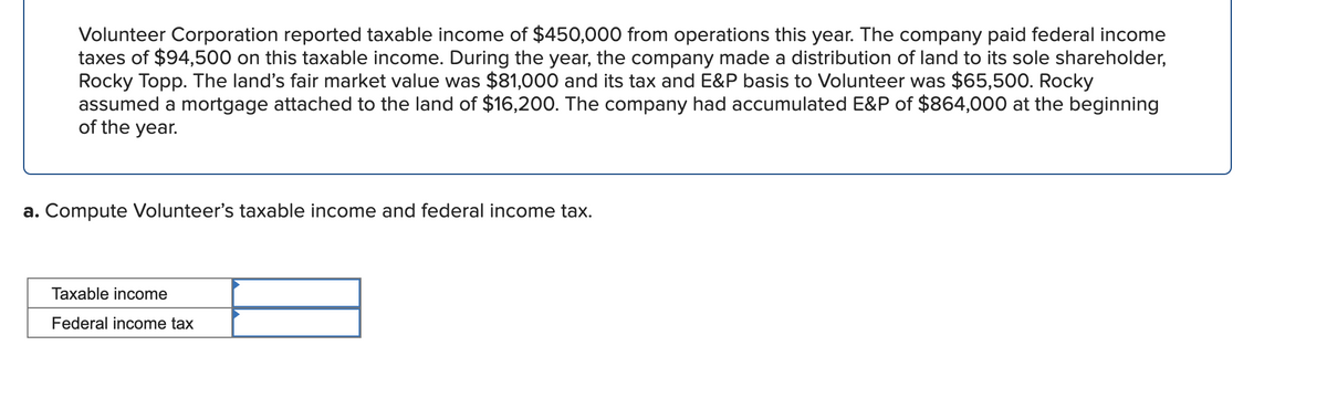 Volunteer Corporation reported taxable income of $450,000 from operations this year. The company paid federal income
taxes of $94,500 on this taxable income. During the year, the company made a distribution of land to its sole shareholder,
Rocky Topp. The land's fair market value was $81,000 and its tax and E&P basis to Volunteer was $65,500. Rocky
assumed a mortgage attached to the land of $16,200. The company had accumulated E&P of $864,000 at the beginning
of the year.
a. Compute Volunteer's taxable income and federal income tax.
Taxable income
Federal income tax
