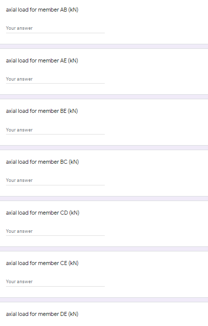 axial load for member AB (kN)
Your answer
axial load for member AE (kN)
Your answer
axial load for member BE (kN)
Your answer
axial load for member BC (kN)
Your answer
axial load for member CD (kN)
Your answer
axial load for member CE (kN)
Your answer
axial load for member DE (kN)
