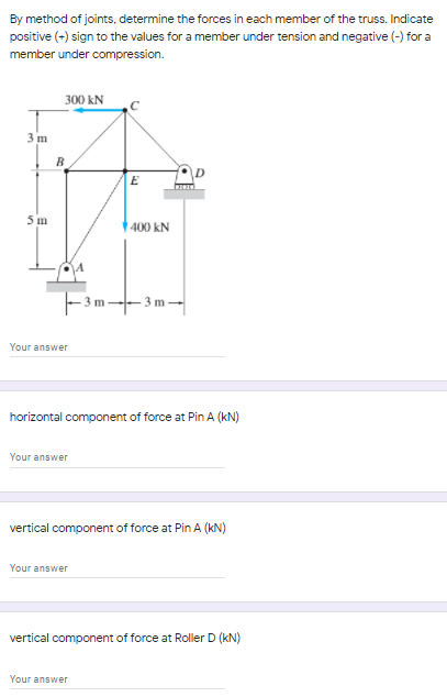 By method of joints, determine the forces in each member of the truss. Indicate
positive (-) sign to the values for a member under tension and negative (-) for a
member under compression.
300 kN
3 m
B
bud
5 m
400 kN
F3 m-3 m-
Your answer
horizontal component of force at PinA (kN)
Your answer
vertical component of force at Pin A (kN)
Your answer
vertical component of force at Roller D (kN)
Your answer
