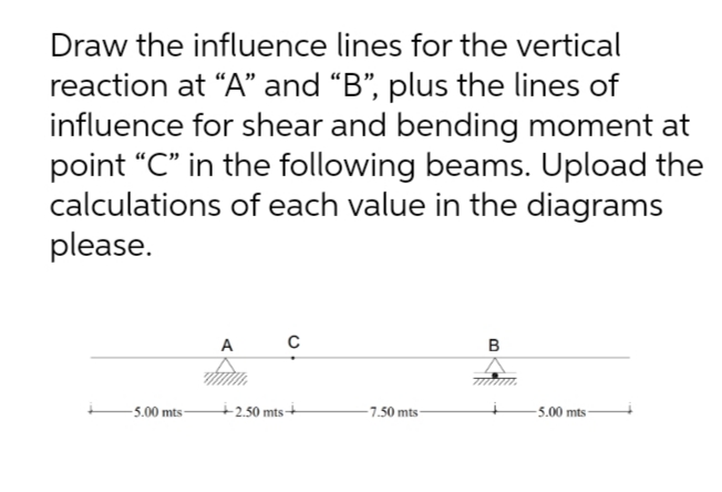 Draw the influence lines for the vertical
reaction at “A" and "B", plus the lines of
influence for shear and bending moment at
point "C" in the following beams. Upload the
calculations of each value in the diagrams
please.
A
-5.00 mts –
+250 mts+
-7.50 mts
-5.00 mts-
