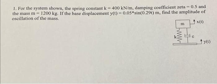 1. For the system shown, the spring constant k = 400 kN/m, damping coefficient zeta = 0.5 and
the mass m
oscillation of the mass.
1200 kg. If the base displacement y(t) = 0.05*sin(0.29t) m, find the amplitude of
x(t)
m
y()
