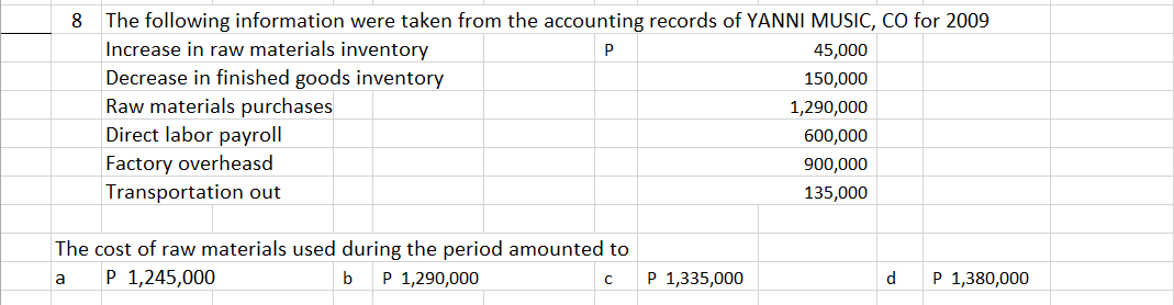 8 The following information were taken from the accounting records of YANNI MUSIC, CO for 2009
Increase in raw materials inventory
Decrease in finished goods inventory
Raw materials purchases
Direct labor payroll
45,000
150,000
1,290,000
600,000
Factory overheasd
900,000
Transportation out
135,000
The cost of raw materials used during the period amounted to
P 1,245,000
b
P 1,290,000
P 1,335,000
d
P 1,380,000
