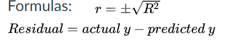 Formulas:
r = ±VR?
Residual = actual y – predicted y
