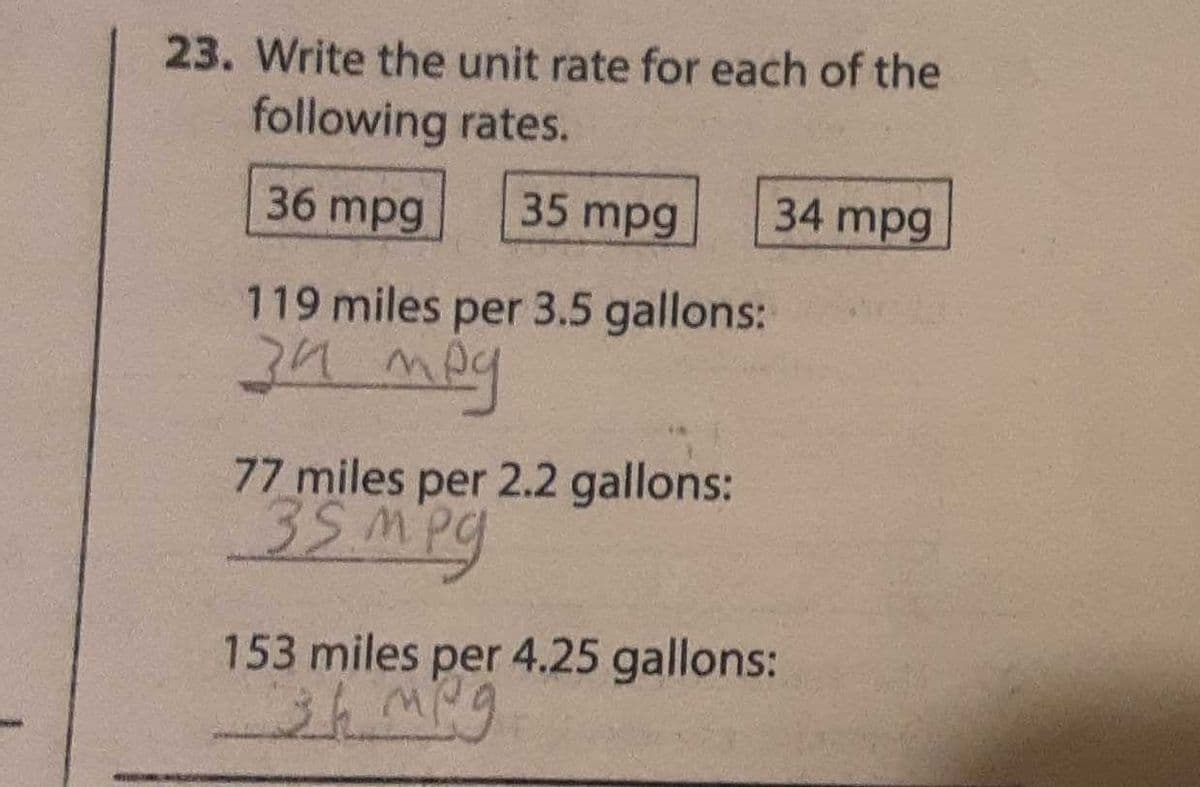 23. Write the unit rate for each of the
following rates.
36 mpg
35 mpg
34 mpg
119 miles per 3.5 gallons:
34 mey
77 miles per 2.2 gallons:
35Mpg
153 miles per 4.25 gallons:
