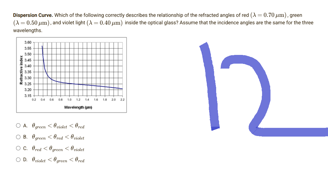 Dispersion Curve. Which of the following correctly describes the relationship of the refracted angles of red (A = 0.70 μm), green
(A = 0.50 μm), and violet light (A = 0.40 μm) inside the optical glass? Assume that the incidence angles are the same for the three
wavelengths.
3.60
3.55
3.50
3.45
3.40
3.35
3.30
3.25
12
3.20
3.15
0.2 0.4 0.6 0.8 1.0 1.2 1.4 1.6 1.8 2.0 2.2
Wavelength (um)
A.
green violet < Ored
OB. green <red < violet
OC. red green <violet
O D. violet <green <red
Refractive index