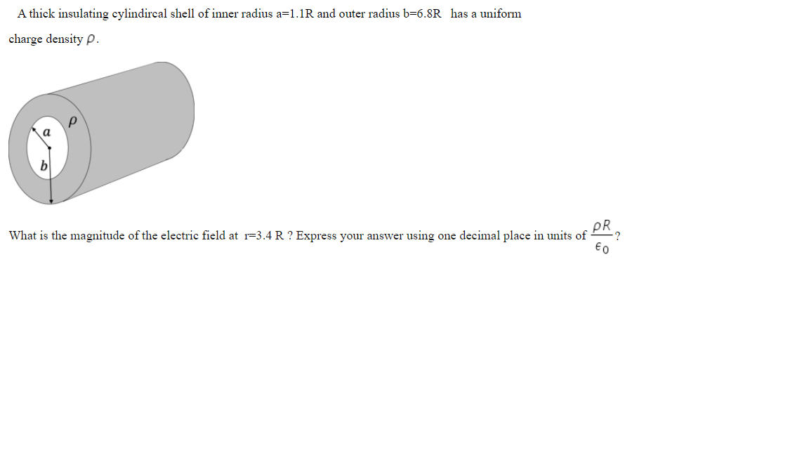 A thick insulating cylindircal shell of inner radius a=1.1R and outer radius b=6.8R has a uniform
charge density p.
What is the magnitude of the electric field at r=3.4 R ? Express your answer using one decimal place in units of
PR
€0
