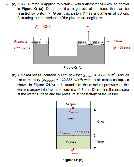 4. (a) A 350-N force is applied to piston X with a diameter of 6 cm, as shown
in Figure Q1(a). Determine the magnitude of the force that can be
resisted by piston Y. Given that piston Y has a diameter of 20 cm.
Assuming that the weights of the pistons are negligible.
F = 420 N
Piston X
(d= 6 cm)
Air space
P
surface
Figure Q1(a)
(b) A closed vessel contains 50 cm of water (water = 9,790 N/m³) and 20
cm of mercury (Ymercury = 132,885 N/m³) with an air space on top, as
shown in Figure Q1(b). It is found that the absolute pressure at the
water-mercury interface is recorded at 0.7 bar. Determine the pressure
at the water surface and the pressure at the bottom of the vessel.
water
interface
= 0.7 bar abs
Mercury
F
bottom
Figure Q1(b)
50cm
Piston Y
(d = 20 cm)
20cm