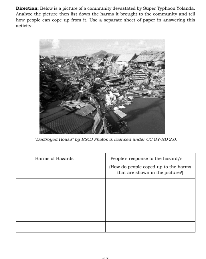 Direction: Below is a picture of a community devastated by Super Typhoon Yolanda.
Analyze the picture then list down the harms it brought to the community and tell
how people can cope up from it. Use a separate sheet of paper in answering this
activity.
"Destroyed House" by RSCJ Photos is licensed under CC BY-ND 2.0.
Harms of Hazards
People's response to the hazard/s
(How do people coped up to the harms
that are shown in the picture?)
