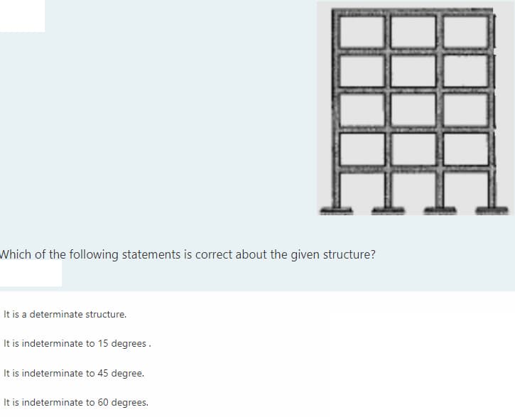 Which of the following statements is correct about the given structure?
It is a determinate structure.
It is indeterminate to 15 degrees.
It is indeterminate to 45 degree.
It is indeterminate to 60 degrees.
