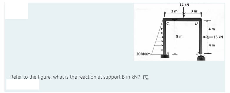 12 kN
3 m
3 m
IC
D
4 m
8 m
15 kN
4 m
20 kN/m
Refer to the figure, what is the reaction at support B in kN? A
