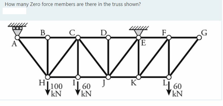 How many Zero force members are there in the truss shown?
B
D
F.
A
E
K
HL100
kN
60
kN
60
kN
