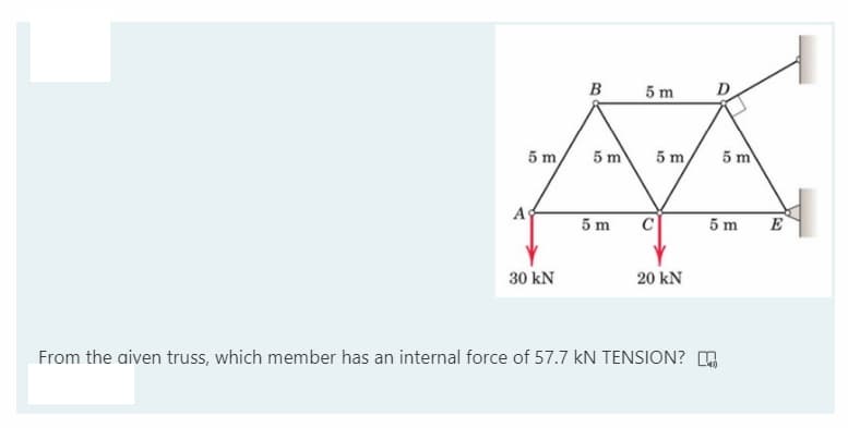 в 5m
5 m
5 m
5 m
5 m
As
5 m
E
C
5 m
30 kN
20 kN
From the aiven truss, which member has an internal force of 57.7 kN TENSION? O
