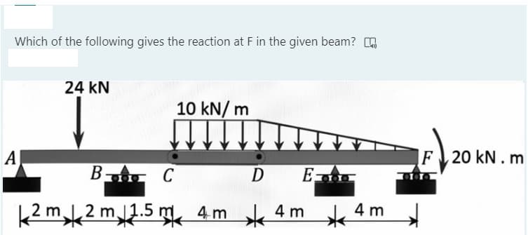 Which of the following gives the reaction at F in the given beam? O
24 kN
10 kN/ m
A
ĮF 20 kN. m
B
C
D
E
12 m12 m1.5 m, 4m
4 m
4 m
