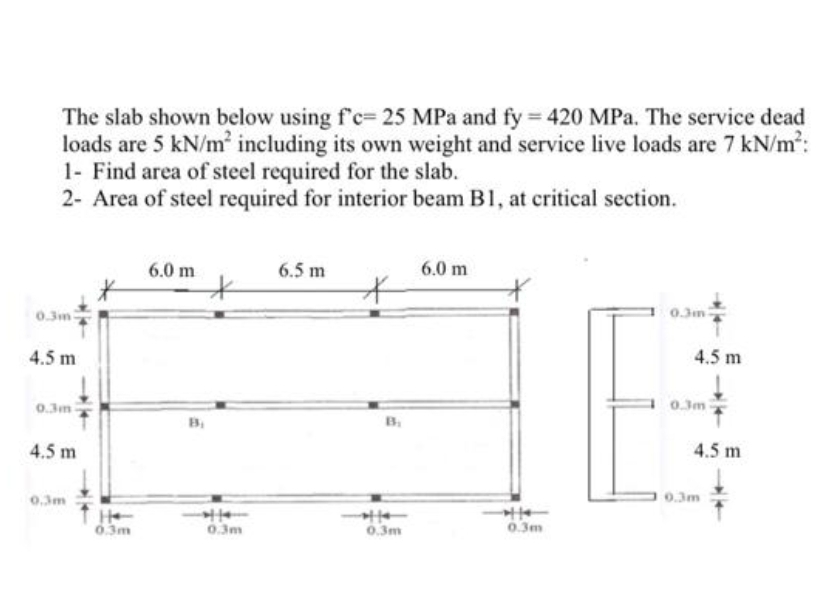 The slab shown below using f'c= 25 MPa and fy = 420 MPa. The service dead
loads are 5 kN/m including its own weight and service live loads are 7 kN/m?:
1- Find area of steel required for the slab.
2- Area of steel required for interior beam B1, at critical section.
6.0 m
6.5 m
6.0 m
0.3m
0.3m
4.5 m
4.5 m
0.3m
0.3m
B.
4.5 m
4.5 m
0.3m
0.3m
He
6.3m
0.3m
0.3m
0.3m
