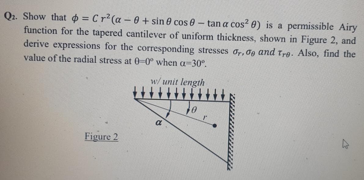 Q2. Show that = Cr2(a - 0 + sin 0 cos 0 – tan a cos? 0) is a permissible Airy
function for the tapered cantilever of uniform thickness, shown in Figure 2, and
derive expressions for the corresponding stresses or, 0g and tre. Also, find the
%3D
value of the radial stress at 0-0° when a=30°.
w/ unit length
Figure 2
