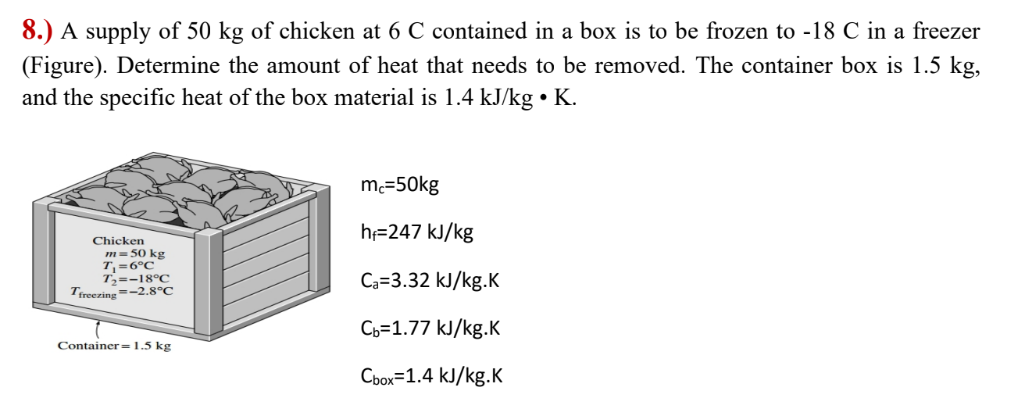 8.) A supply of 50 kg of chicken at 6 C contained in a box is to be frozen to -18 C in a freezer
(Figure). Determine the amount of heat that needs to be removed. The container box is 1.5 kg,
and the specific heat of the box material is 1.4 kJ/kg • K.
m=50kg
h=247 kJ/kg
Chicken
m= 50 kg
T =6°C
T;=-18°C
Tireezing =-2.8°C
Ca=3.32 kJ/kg.K
C3=1.77 kJ/kg.K
Container=1.5 kg
Cbox=1.4 kJ/kg.K
