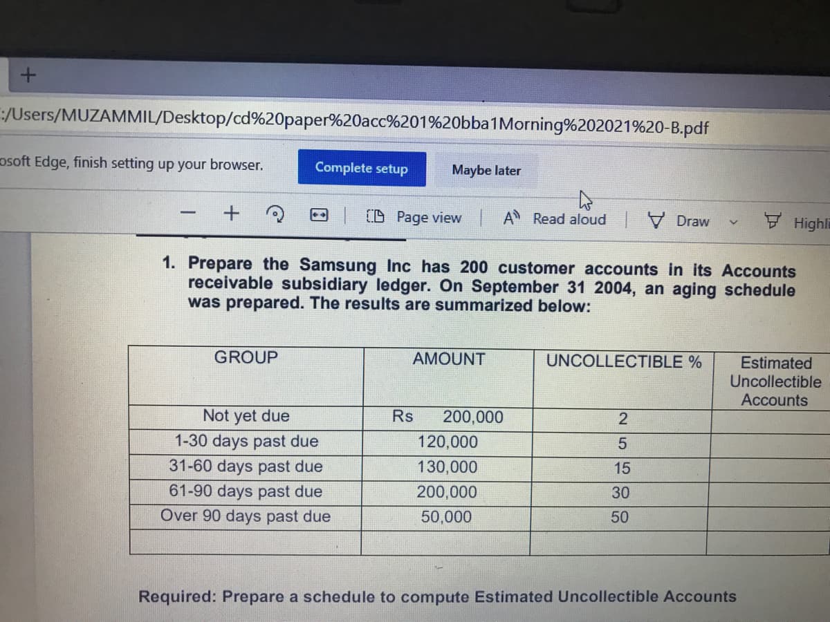 :/Users/MUZAMMIL/Desktop/cd%20paper%20acc%201%20bba1Morning%202021%20-B.pdf
osoft Edge, finish setting up your browser.
Complete setup
Maybe later
CD Page view
A Read aloud Draw
F Highli
1. Prepare the Samsung Inc has 200 customer accounts in its Accounts
receivable subsidiary ledger. On September 31 2004, an aging schedule
was prepared. The results are summarized below:
GROUP
AMOUNT
UNCOLLECTIBLE %
Estimated
Uncollectible
Accounts
Not yet due
Rs
200,000
1-30 days past due
120,000
31-60 days past due
130,000
15
61-90 days past due
200,000
30
Over 90 days past due
50,000
50
Required: Prepare a schedule to compute Estimated Uncollectible Accounts
