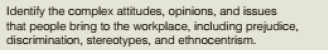 Identify the complex attitudes, opinions, and issues
that people bring to the workplace, including prejudice,
discrimination, stereotypes, and ethnocentrism.
