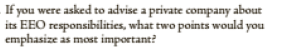 If you were asked to advise a private company about
its EEO responsibilities, what two points would you
emphasize as most important?
