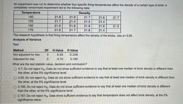 An experiment was run to determine whether four specific firing temperatures affect the density of a certain type of brick. A
completely randomized experiment led to the following data:
Temperature
Density
21.7
100
21.8
21.9
21.6
21.7
125
21.4
21.8
21.7
21.5
21.4
150
21.9
21.8
21.6
21.5
175
21.9
21.7
21.8
21.4
The research hypothesis is that firing temperature affect the density of the bricks. Use a= 0.05.
Analysis of Variance
Test
Method
DF
H-Value
P-Value
Not adjusted for ties
4.55
0.208
Adjusted for ties
3.
4.70
0.195
What are the test statistic value, decision and conclusion?
O 4.7; Do not reject Ho: Data do not show sufficient evidence to say that at least one median of brick density is different than
the other, at the 5% significance level.
O 4.55; Do not reject Ho: Data do not show sufficient evidence to say that at least ono median of brick density is different than
the other, at the 5% significance lovel.
O 0.195; Do not reject Ho: Data do not show sufficient ovidence to say that at least one median of brick density is different
than the other, at the 5% significance level.
O 0.157; Do not reject Ho: Data show sufficient evidence to say that temperature does not affect brick density, at the 5%
significance value.
