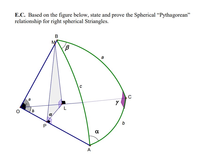 E.C. Based on the figure below, state and prove the Spherical "Pythagorean"
relationship for right spherical Striangles.
M
a
L
b
a
A
P.
