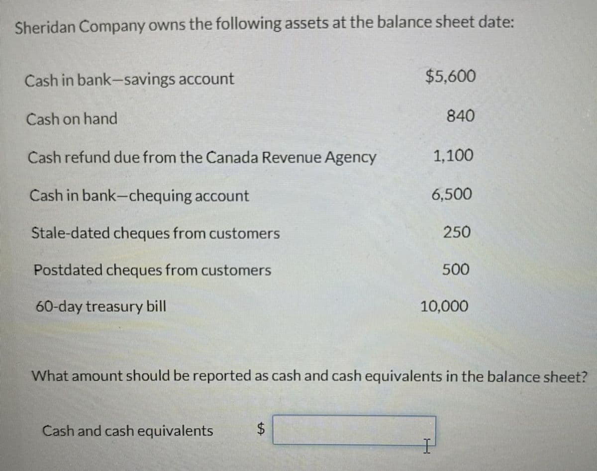 Sheridan Company owns the following assets at the balance sheet date:
Cash in bank-savings account
$5,600
Cash on hand
840
Cash refund due from the Canada Revenue Agency
1,100
Cash in bank-chequing account
6,500
Stale-dated cheques from customers
250
Postdated cheques from customers
500
60-day treasury bill
10,000
What amount should be reported as cash and cash equivalents in the balance sheet?
Cash and cash equivalents
A
I