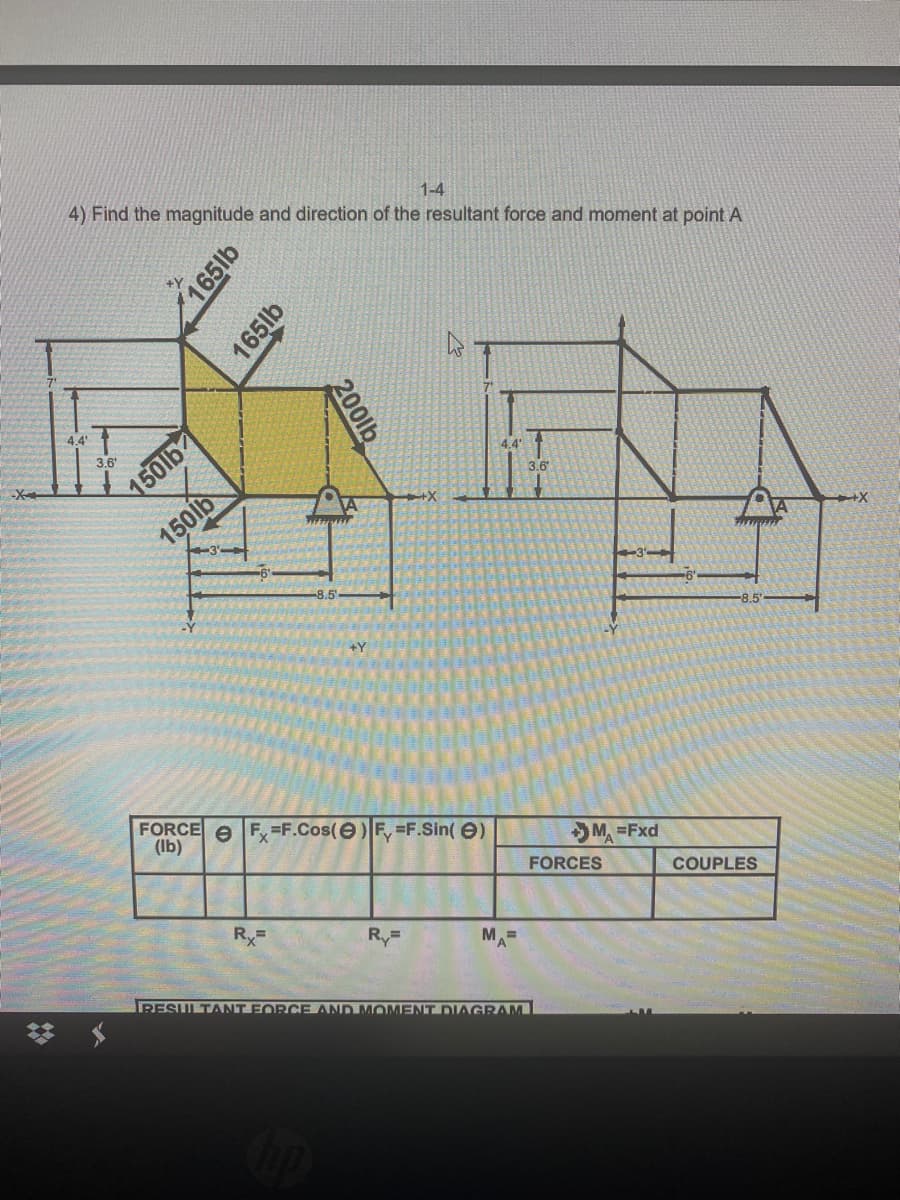 1-4
4) Find the magnitude and direction of the resultant force and moment at point A
3.6'
4.4
150lb
3.6
150lb
FORCE e F, =F.Cos(e)F, =F.Sin( e)
(Ib)
M, =Fxd
FORCES
COUPLES
RyF
RESULTANT FORCE AND MOMENT DIAGRAM
165lb
165lb
200lb

